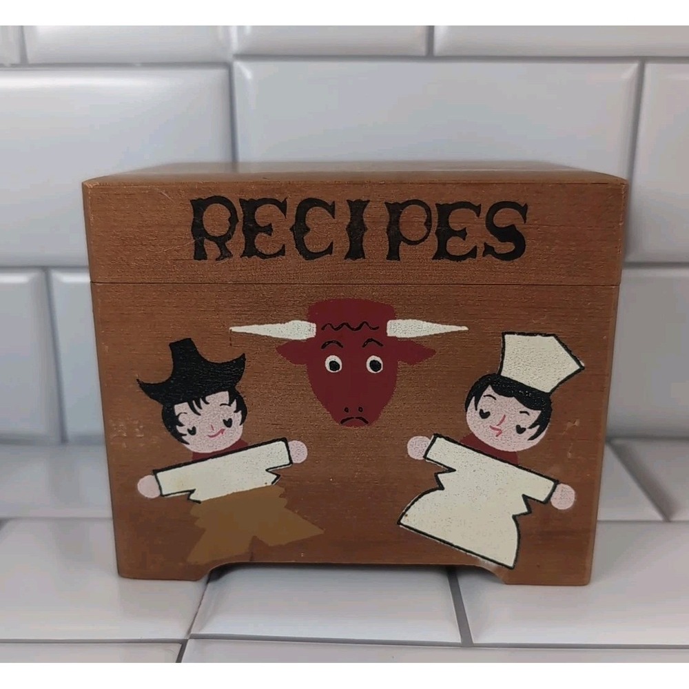 Vintage Wooden Recipe Box with Japanese Chefs/Red Bull * Japan With Recipes 1980